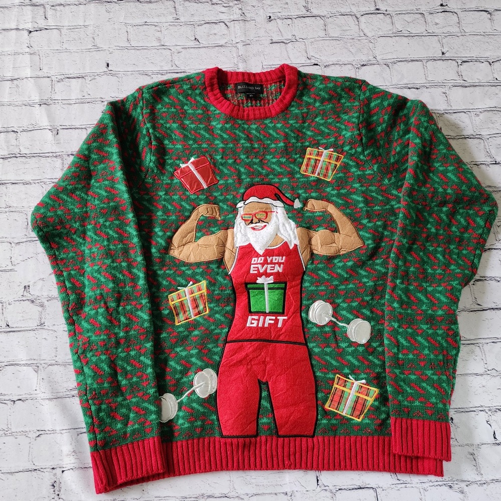 Blizzard Bay Mens XL Ugly Christmas Sweater Do You Even Gift Muscle Santa Green